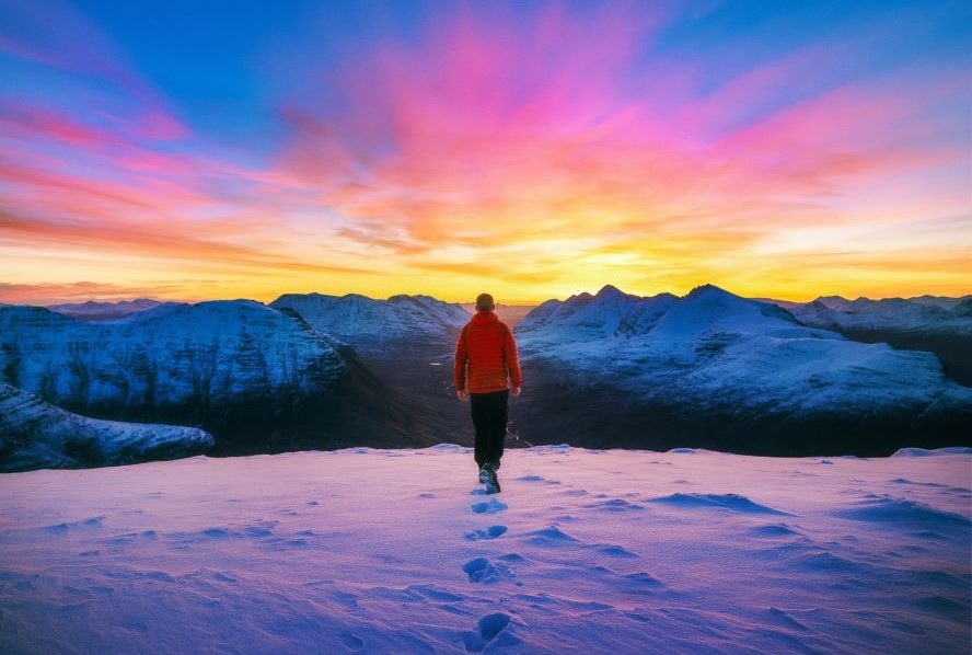 Man walking in snow looking at sunset over mountains