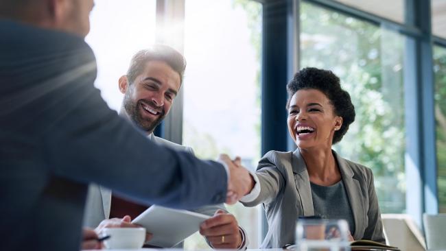 Meeting, business people shaking hands in the office for a deal, Diversity, professional